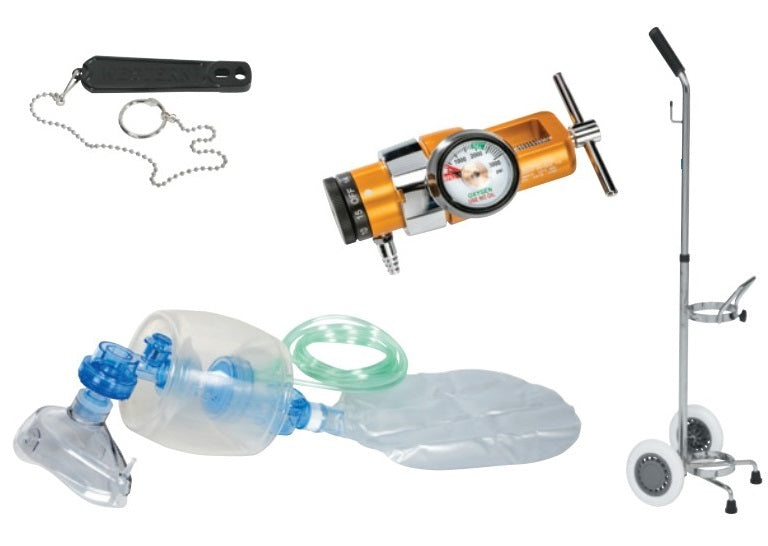 Belmed Portable System Includes:”E” Cylinder Cart, 0-15LPM Regulator, Manual Resuscitator, Adult